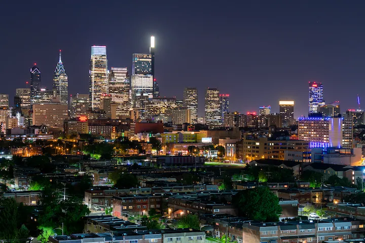 Philadelphia skyline at night.